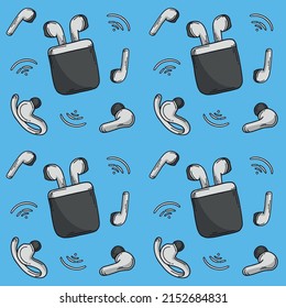 Earbuds headset seamless hand drawn pattern, wireless pods linear background template, earphone gadget icons repetitive vector illustration design, repeat doodle style wallpaper.