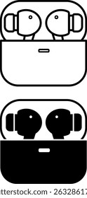 Earbuds Icons. Black and White Vector Illustrations. Device for Personal Listening to Sound Information. Wireless Headphones, Gadget, Technology. Device Concept