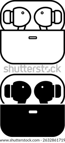 Earbuds Icons. Black and White Vector Illustrations. Device for Personal Listening to Sound Information. Wireless Headphones, Gadget, Technology. Device Concept