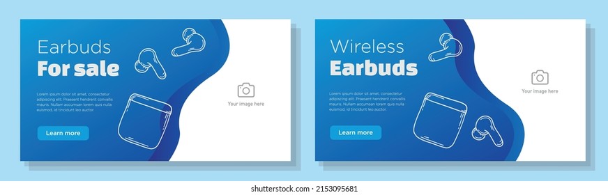 Earbuds for sale online banner template set, wireless headset advertisement, horizontal ad, modern music gadget campaign webpage, flyer, creative brochure, isolated on background.