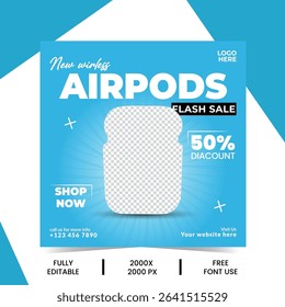 earbuds social media post, template for new arrival earbuds. perfect for flash sale promotions, product launches, and web banners. ideal for marketing campaigns and online ads