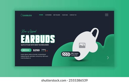 Earbuds Website Landing Page, Web Banner, and Homepage Hero Section User Interface Design Template or new arrival Earbuds sale web banner design