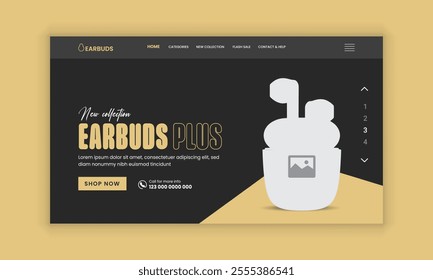 Earbuds Website Landing Page, Web Banner, and Homepage Hero Section User Interface Design Template or new arrival Earbuds sale web banner design