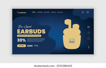 Earbuds Website Landing Page, Web Banner, and Homepage Hero Section User Interface Design Template or new arrival Earbuds sale web banner design