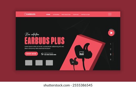 Earbuds Website Landing Page, Web Banner, and Homepage Hero Section User Interface Design Template or new arrival Earbuds sale web banner design