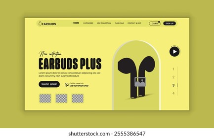 Earbuds Website Landing Page, Web Banner, and Homepage Hero Section User Interface Design Template or new arrival Earbuds sale web banner design