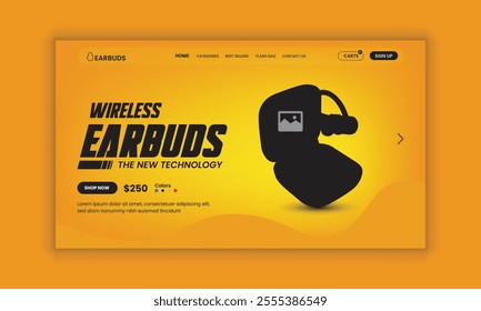 Earbuds Website Landing Page, Web Banner, and Homepage Hero Section User Interface Design Template or new arrival Earbuds sale web banner design