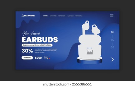 Earbuds Website Landing Page, Web Banner, and Homepage Hero Section User Interface Design Template or new arrival Earbuds sale web banner design