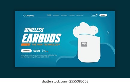 Earbuds Website Landing Page, Web Banner, and Homepage Hero Section User Interface Design Template or new arrival Earbuds sale web banner design