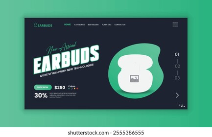 Earbuds Website Landing Page, Web Banner, and Homepage Hero Section User Interface Design Template or new arrival Earbuds sale web banner design