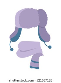 Sombrero Earflap. Pantalón violeta caliente de lana. Ropa violeta con dos largos tirantes de oreja. La bufanda giró alrededor con dos rayas azules sobre blanco. Elegante entorno de invierno para los jóvenes. Diseño plano. Ilustración del vector