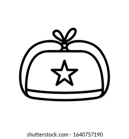 Earflaps hat, Ushanka with ears tied at top. Line art logo of russian national winter hat. Black simple illustration of fur headwear with star symbol. Contour isolated vector icon on white background