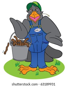 Earl E. Bird. Farmer bird proudly showing off the bucket of worms he has gotten up early to gather.