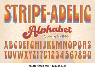 An early 1970s-style retro alphabet called Stripe-adelic. This font is rendered in muted 70s hues and evokes the vintage post-psychedelic look of the era.