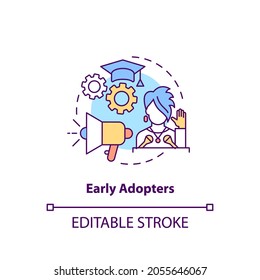 Early adopters concept icon. Product adopters category idea thin line illustration. Creating reviews and feedbacks about purchases. Vector isolated outline RGB color drawing. Editable stroke