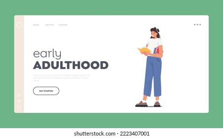 Early Adulthood Landing Page Template. Young Woman Student Reading Book Prepare to Exam or Make Homework. Teen Character Reading, Learning. Girl Stages of Growth. Cartoon Vector Illustration