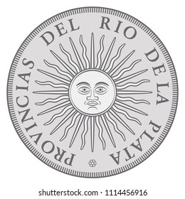 Early Argentinian silver coin with Sun of May, issued in the name of the United Province of the River Plate. Sol de Mayo, national emblem, a sun with face and sunbeams. Illustration over white. Vector