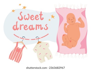Desarrollo temprano de bebé composición plana con carácter sonriente recién nacido y texto dulce sueños ilustraciones vectoriales