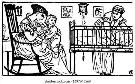 Temprano a la cama, esta escena muestra a una mujer sentada en silla con un bebé y otra mujer limpiando la cuna del bebé, marco de búho y reloj en la pared, dibujo vintage de líneas o ilustración grabadora