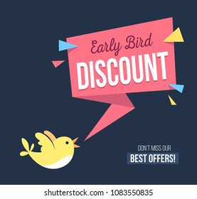 Early bird discount banner with cute bird and geomethic shapes. Promotional design template on blue background with doodles. Vector illustration