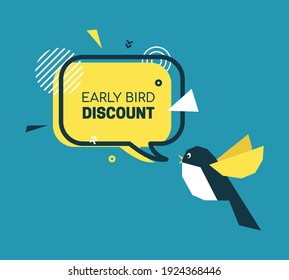 Early bird discount banner in paper cut style. Speech bubble with geometric shapes. Special discount sale event banner or poster with chirping cute bird. Vector flat illustration. Advertising template