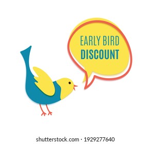 Early bird discount banner in paper cut style. Yellow speech bubble with red frame. Special discount sale event banner or poster template with chirping cute bird. Vector flat illustration.