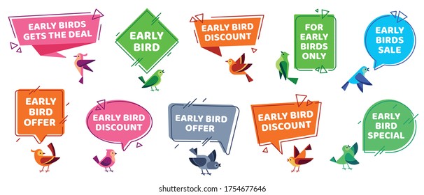 Early bird label. Sale offer badges, early birds gets deal sign and special discount. Speech bubble notification with promotion. Trendy design template with promo banner flat vector illustration set.