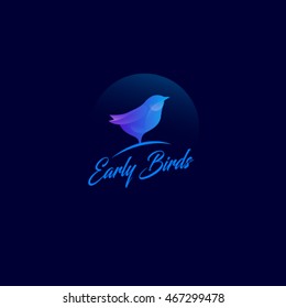  Early Bird logo. Blue bird, isolated on the dark background. Morning icon.