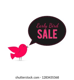 Early Bird sale banner. Cute cartoon bird with speech bubble. Special offer announcement advertising poster. Social media marketing. Vector illustration. Easy to edit template for your business.