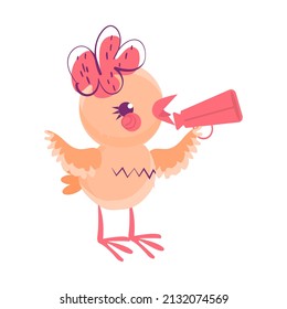 Early bird speaks into a horn. Funny little chicken. Rise up emotions. Can be used for social media as sticker.
