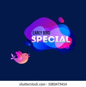 Early bird special banner with bird and geomethic shapes. Promotional futuristic design template on blue background with doodles. Vector illustration