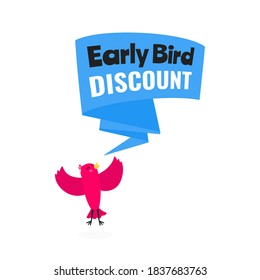 Early bird special offer discount sale event banner flat style design vector illustration. Tiny bird and big ribbon banner with text isolated on white background.