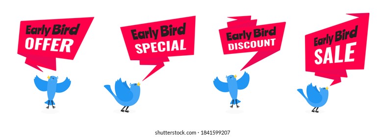 Early bird special offer discount sale event banner flat style design vector illustration set. Tiny bird and big ribbon banner with text isolated on white background.