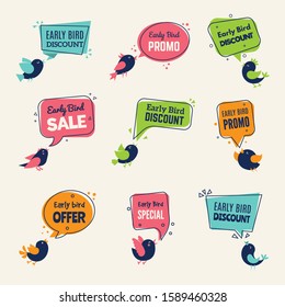 Early bird. Special offers badges discounts labels with birds vector advertising signs collection