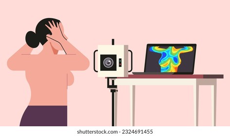 Early Breast Cancer Screening and Prevention through Non-Invasive Digital Infrared Thermography for Female Patient with Human Body Temperature Scan on Laptop, Flat Vector Illustration