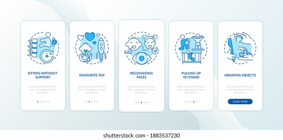 Early child development blue onboarding mobile app page screen with concepts. Baby abilities and skills walkthrough 5 steps graphic instructions. UI vector template with RGB color illustrations