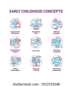 Early childhood development concept icons set. Developmental milestones. Baby growth. Childcare idea thin line RGB color illustrations. Vector isolated outline drawings. Editable stroke