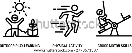 Early childhood development icons representing outdoor play learning physical activity and gross motor skills with development learning physical activity education playground exercise movement