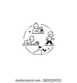 Early childhood development and milestone progress icon with learning stages early years education stages toddler care childhood development