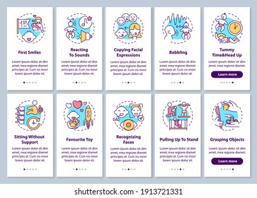 Early childhood development onboarding mobile app page screen with concepts. Developmental milestone. Infancy walkthrough 5 steps graphic instructions. UI vector template with RGB color illustrations