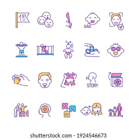 Early Childhood Development RGB Color Icons Set. Infant Having Fun And Learning Skills. Emotional Intelligence Development. Growing Up. Raising Child. Children Care. Isolated Vector Illustrations