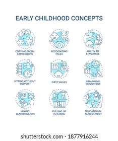 Early childhood development turquoise concept icons set. Developmental milestones. Baby growth. Childcare idea thin line RGB color illustrations. Vector isolated outline drawings. Editable stroke