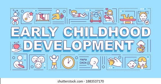 Early childhood development word concepts banner. Psychological, cognitive, social growth. Infographics with linear icons on blue background. Isolated typography. Vector outline RGB color illustration