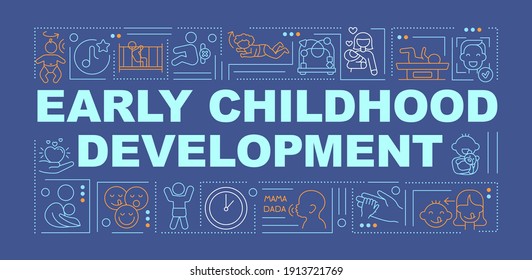 Early childhood development word concepts banner. Child behaviors and physical skills. Infographics with linear icons on blue background. Isolated typography. Vector outline RGB color illustration