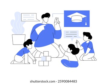 Early childhood education teacher isolated cartoon vector illustrations. Young university student teaches little kids, getting knowledge, early childhood, educational process vector cartoon.