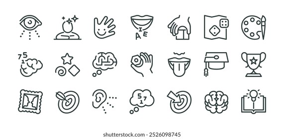 Paquete de iconos de desarrollo infantil temprano, habilidades cognitivas y desarrollo preescolar. Tales signos de línea como habilidades motoras finas, articulación. Conjunto de iconos vectoriales para Web en trazo editable de contorno.