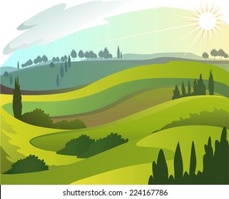 Early countryside morning landscape illustration