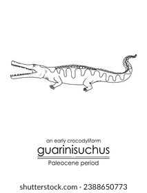 An early crocodyliform Guarinisuchus from Paleocene period. Paleocene period followed after the extinction of the dinosaurs. Black and white line art, perfect for coloring and educational purposes.