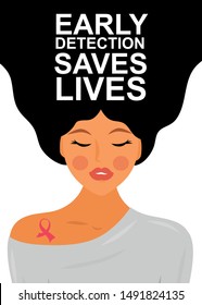 Early detection saves lives.Woman portrait with pink ribbon - symbol of breast cancer. Breast cancer awareness month poster. Vector concept. 