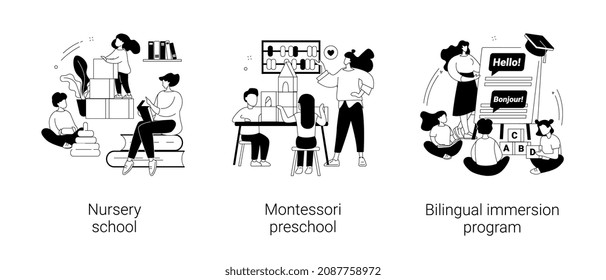 Early education abstract concept vector illustration set. Nursery school, Montessori preschool, bilingual immersion program, private daycare center, foreign language, kindergarten abstract metaphor.